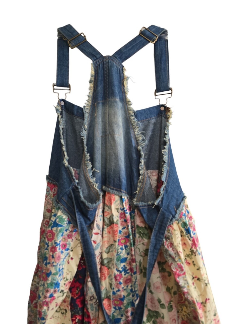 A Rare Bird Denim Overall Patchwork Maxi Dress XXL Tie Back Boho Cottagecore - Picture 6 of 8